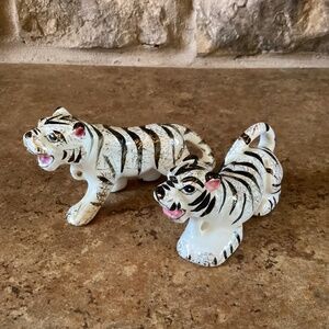 Vintage White Tiger Figurines Pair Ceramic Siberian Gold Gild with Hook